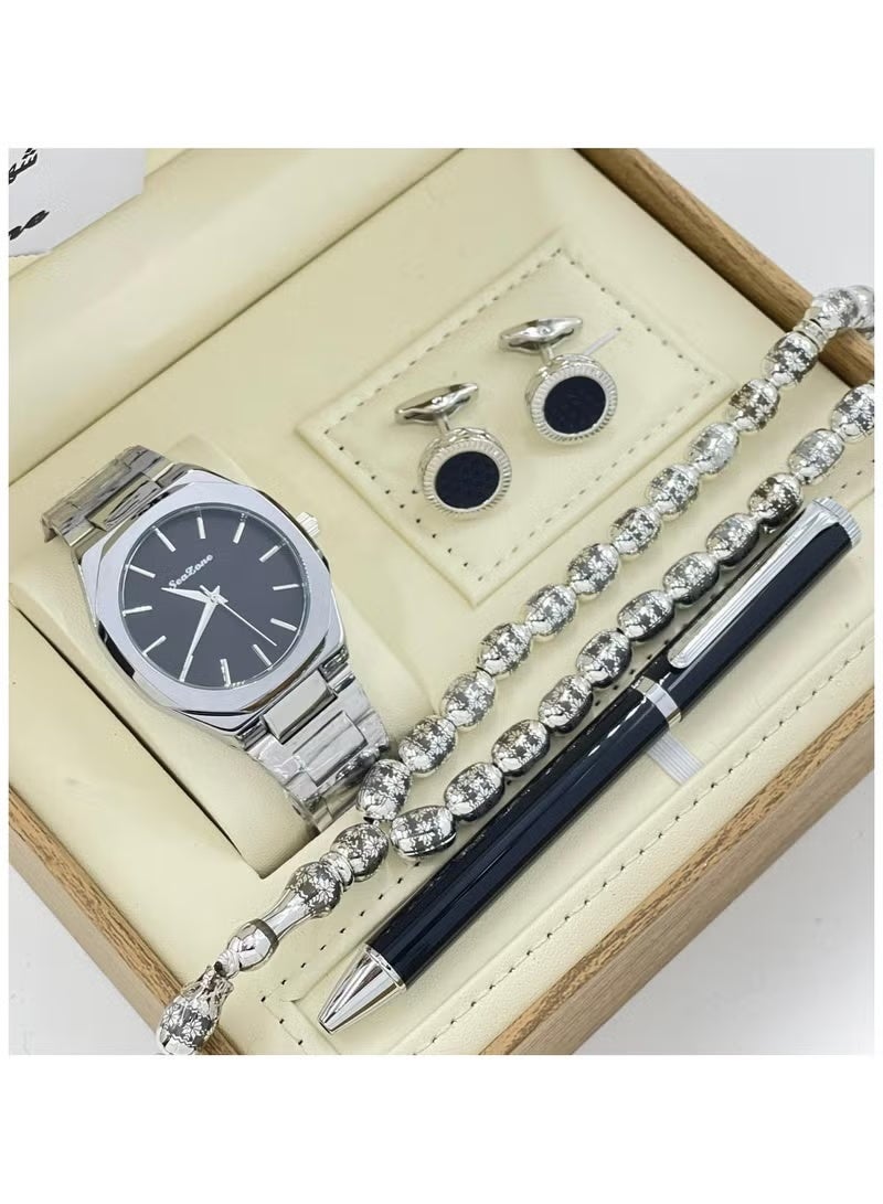 طقم رجالي من الستانلس ستيل مكون من ساعة وسبحة وقلم وازرار اكمام القمصان